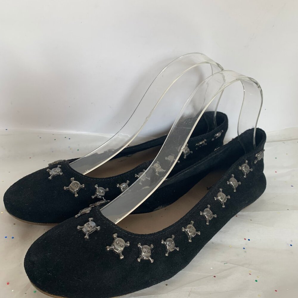 Ann Tuil Paris Black Suede Ballet Flats Metal Skull and Crossbones Rivet 39 Goth - Picture 8 of 15